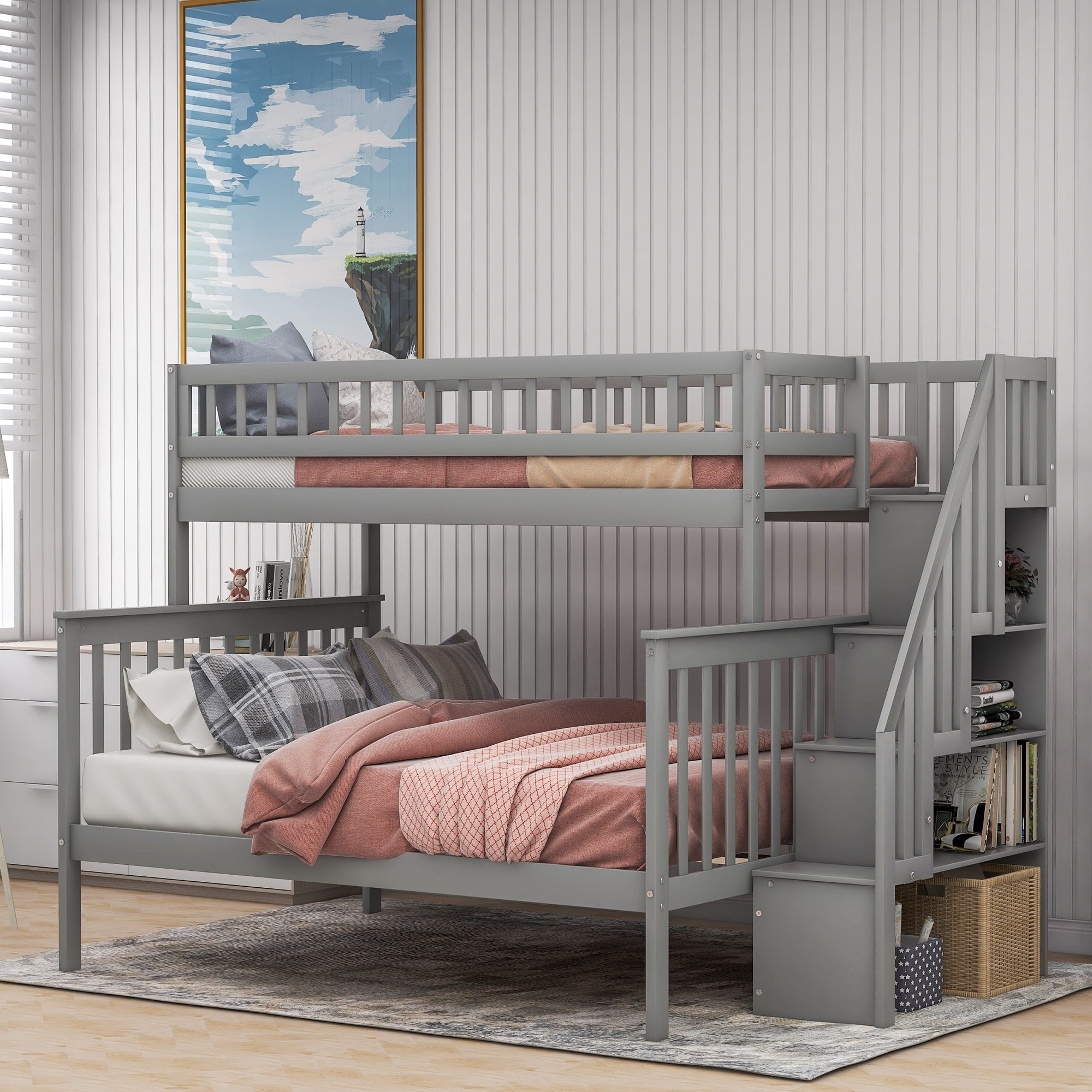 Euroco Twin Over Full Bunk Bed With, Gray Twin Over Full Bunk Bed With Stairs And Storage