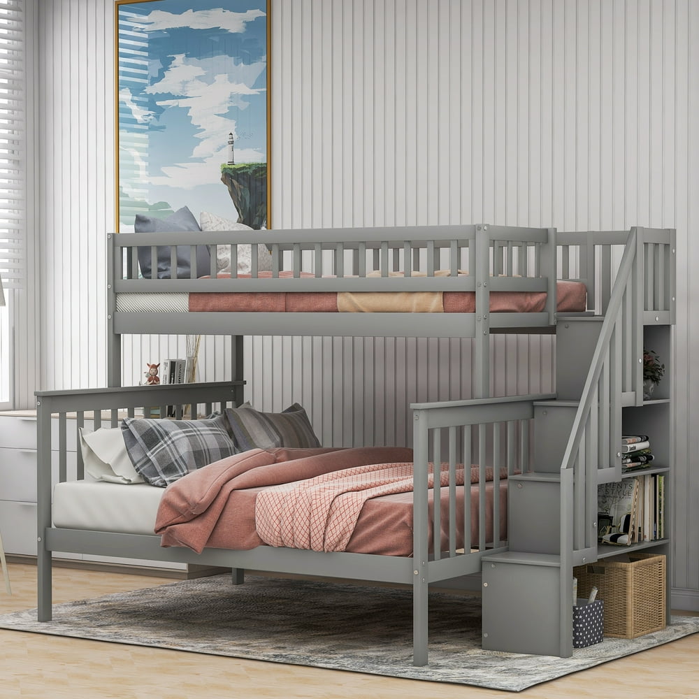 EUROCO Twin Over Full Bunk Bed with Stairs and Storage for Kids