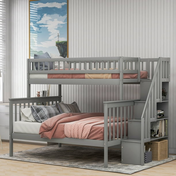 Euroco Twin Over Full Bunk Bed With, Staircase Twin Bunk Beds With Storage