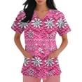 thumbnail image 4 of Stichou Christmas Scrub Tops for Women Plus Size Snowflake Graphic Short Sleeve Nurse Uniform Happy V Neck Fashion Stretchy Scrub with Pockets Hot Pink 5XL, 4 of 4
