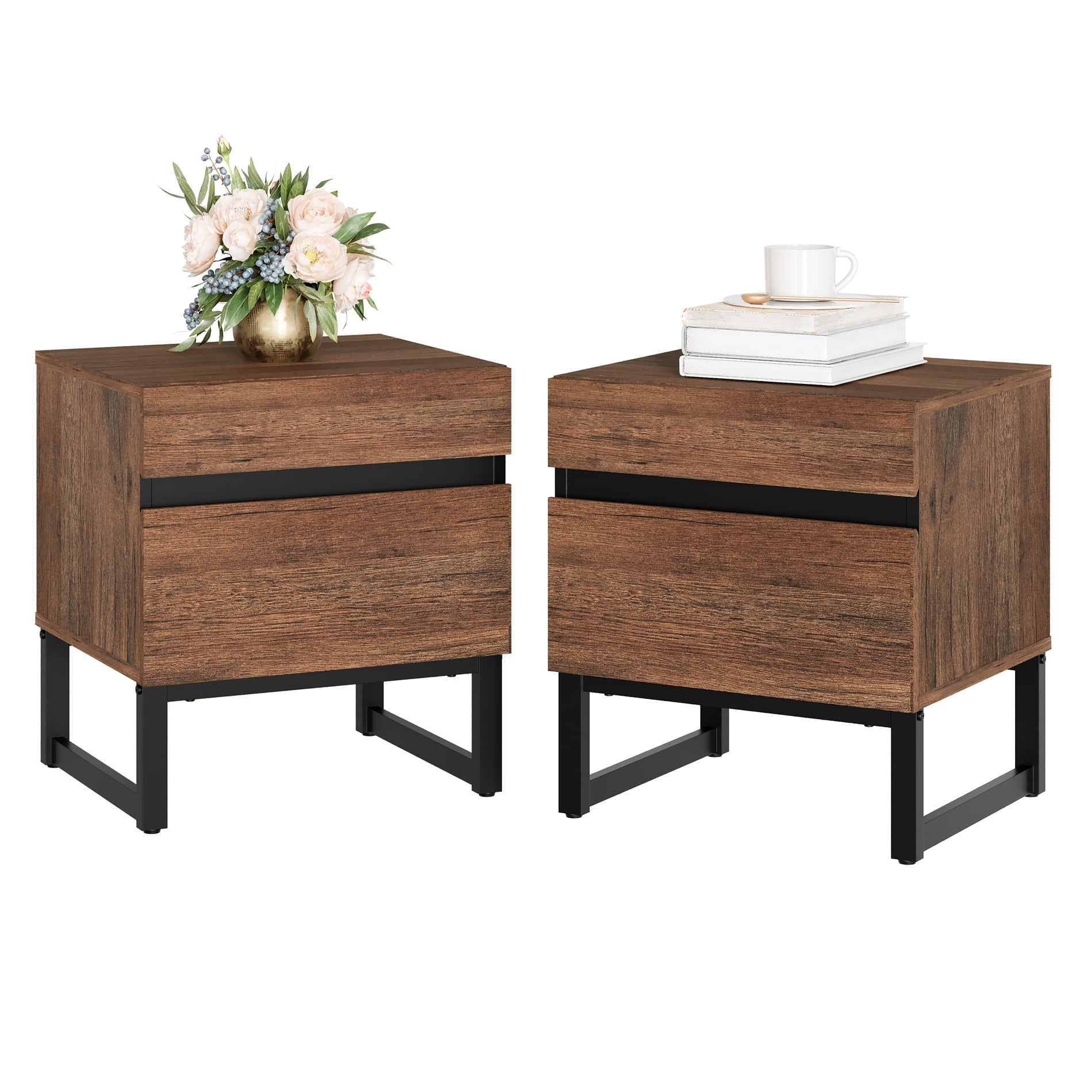 WAMPAT Modern 2 Pack End Tables With 2 Drawers - Compact Sofa Side Table & Nightstand For Living Room & Bedroom