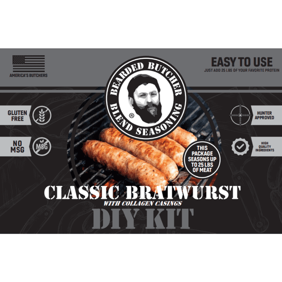 The Bearded Butchers DIY Classic Bratwurst Kit, Seasons 25lbs of Meat, Base for Custom Flavors or Classic Brats, Includes Seasoning & Collagen Casings