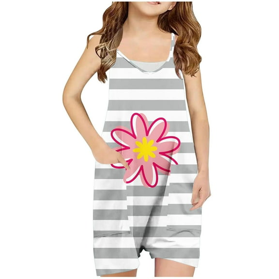 Generic Girls Striped Floral Print Jumpsuits V Neck Spaghetti Strap Sleeveless Romper Overalls with Pockets for 5-14 Years
