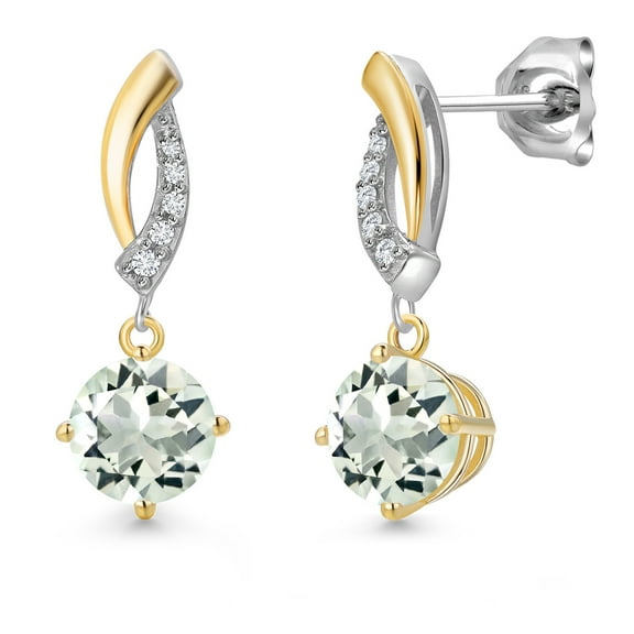 Gem Stone King 925 Silver and 10K Yellow Gold Green Prasiolite and White Lab Grown Diamond Dangle Earrings for Women | 1.65 Cttw | Gemstone Birthstone | Round 6MM