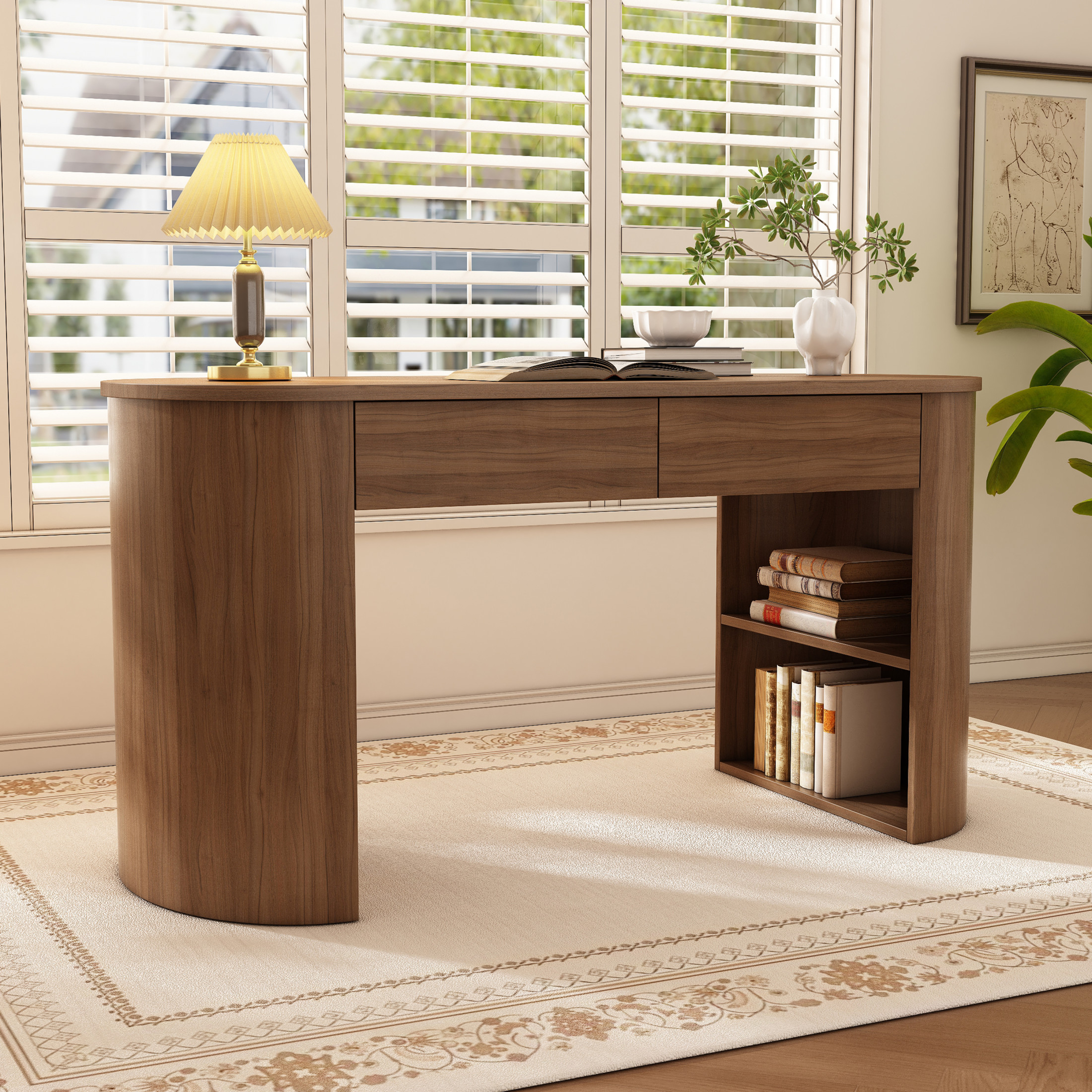 Christopher Knight Home 60.3" Modern Storage Writing Desk, MDF Office Table with Drawers and Open Shelf, Dark Walnut