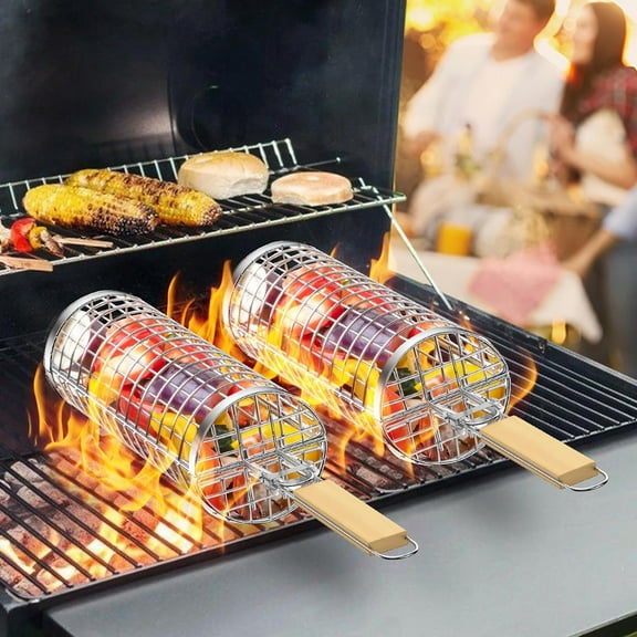 2-Pack Grill Baskets - Heavy Duty 304 Stainless Steel, Perfect for Vegetables, Shrimp, Fish, Meat, Outdoor BBQ & Camping - Great Gift for Men