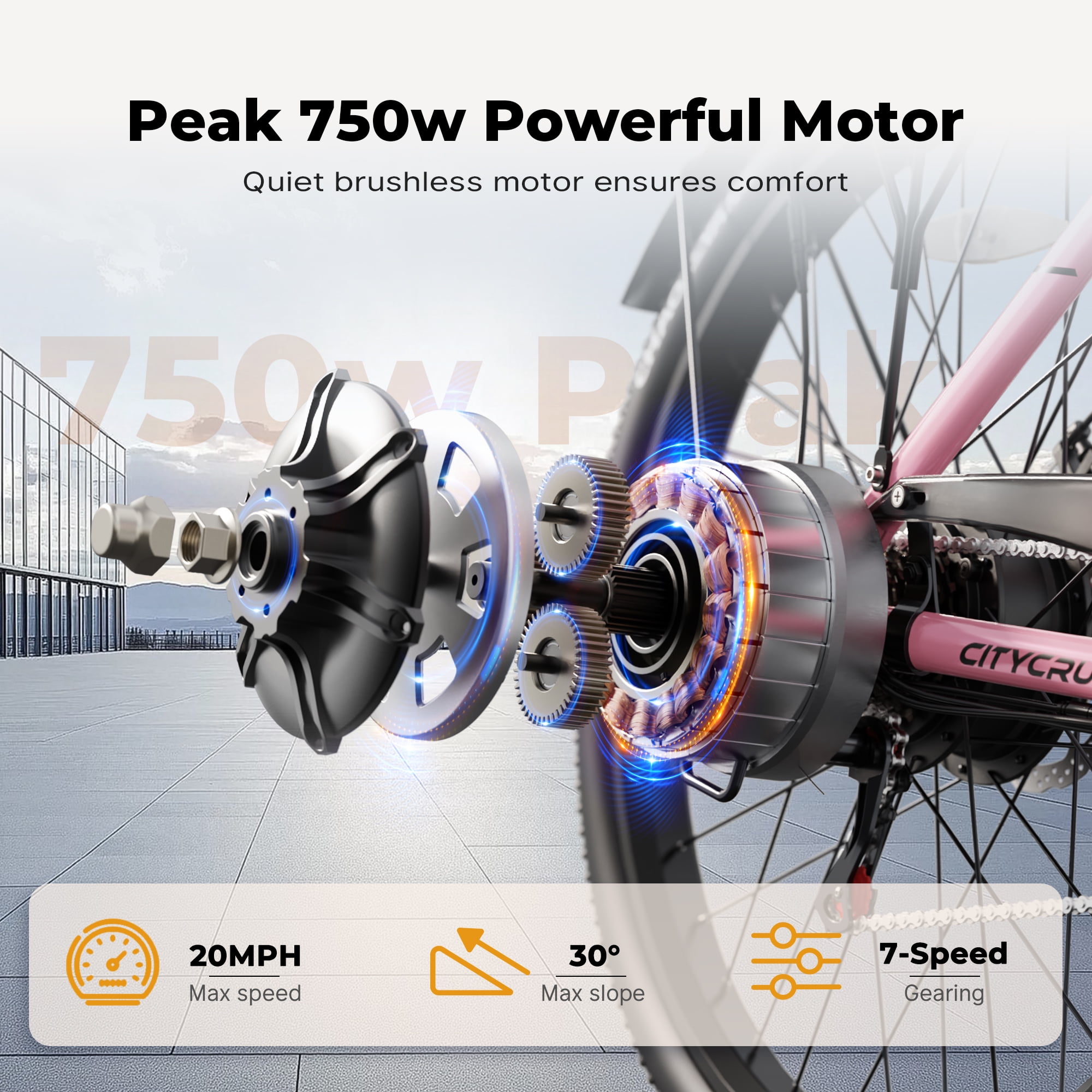 Electric Bike, 24" EBike with 750W Peak Motor, 48V 374.4Wh Removable Battery, 20+MPH, 7-Speed Gears, Includes Bike Pump, Phone Holder & Bike Lock - Electric Bicycle for Adults, UL2849