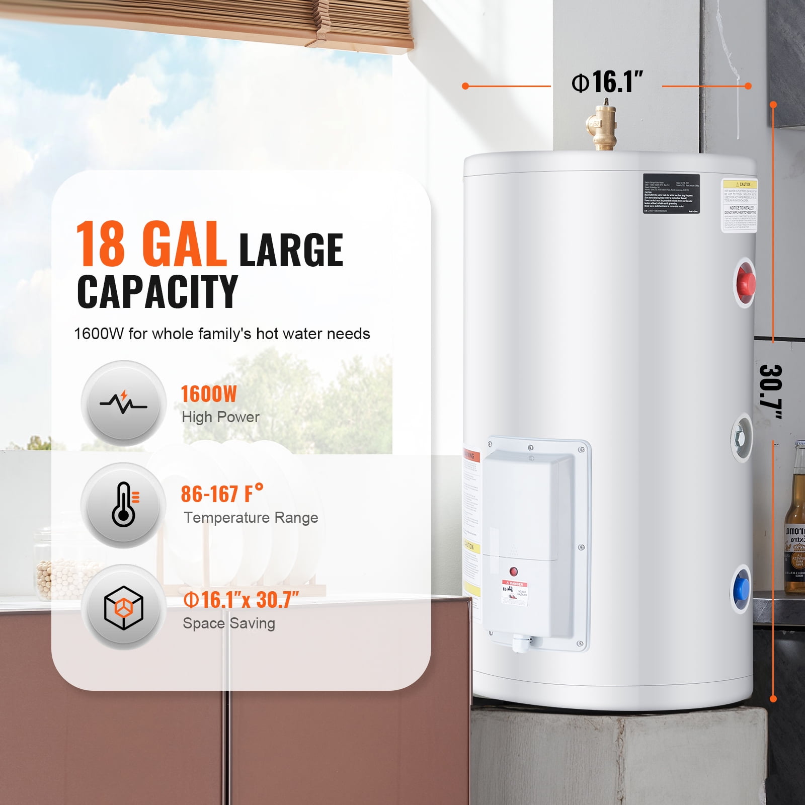 KFFKFF Powered Water Warmer, 18 Gallon Capacity Instantaneous Water Warming Unit, 1.6Kw Tank-Free Water Warming Device with LED Indicator, Dial Regulation, IPX4 Water-Resistant Lateral Connection
