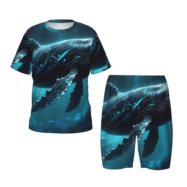 Balery Vintage Blue Pattern Whale Conjunto de Pijama Infantil de Manga Corta con Estampado – Ropa de Dormir de Algodón Suave-X-Large