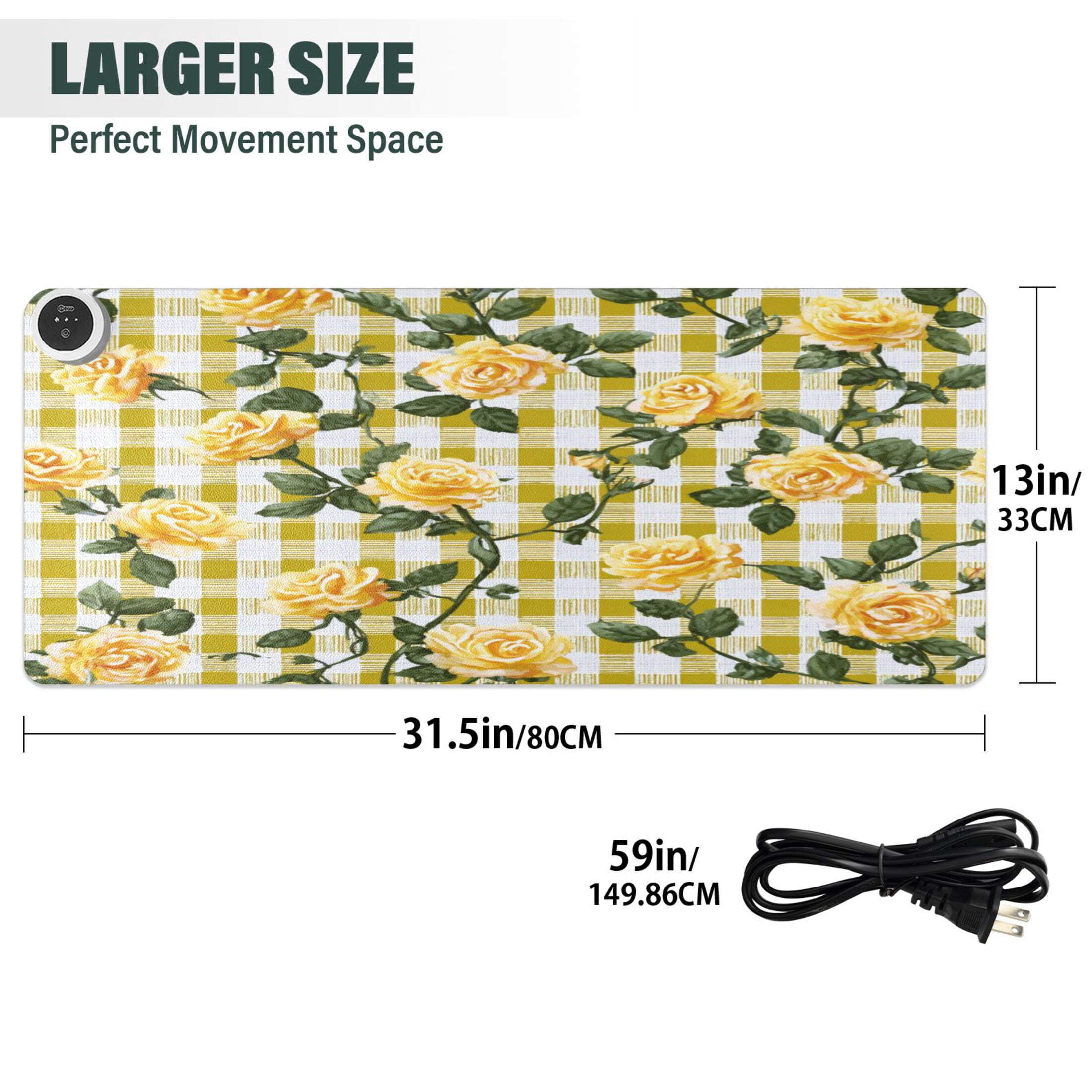 Large Heated Desk Mat Mouse Pad 31.5"x13"PU Leather Graphene Heating Desk Warmer with 3 Temperature Settings 110V US Plug Non-Slip Warm Pad for Home, Office, and Gaming Gingham Pattern Yellow Roses