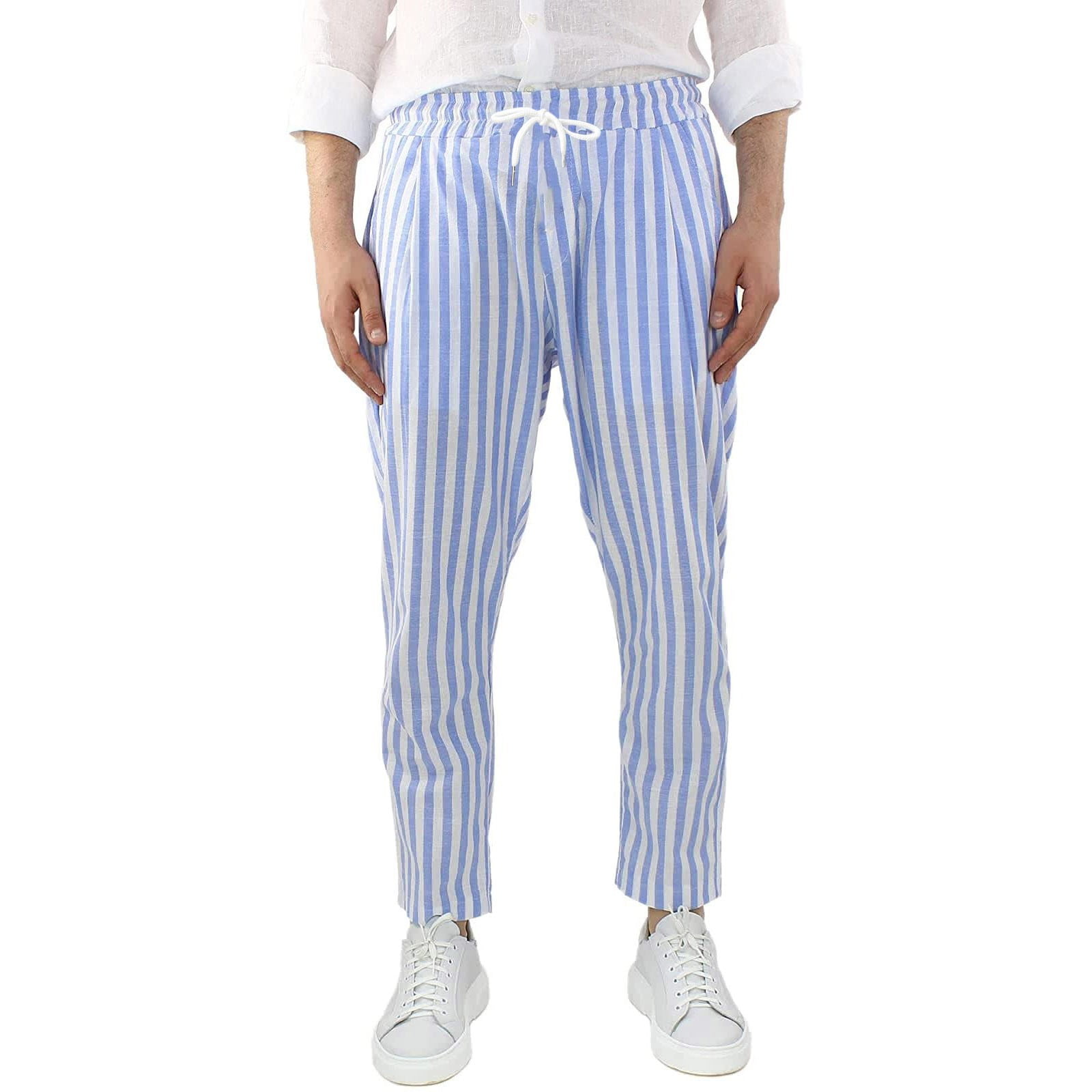 ZWRXW Mens Linen Beach Pants Vertical Striped Elastic Waist