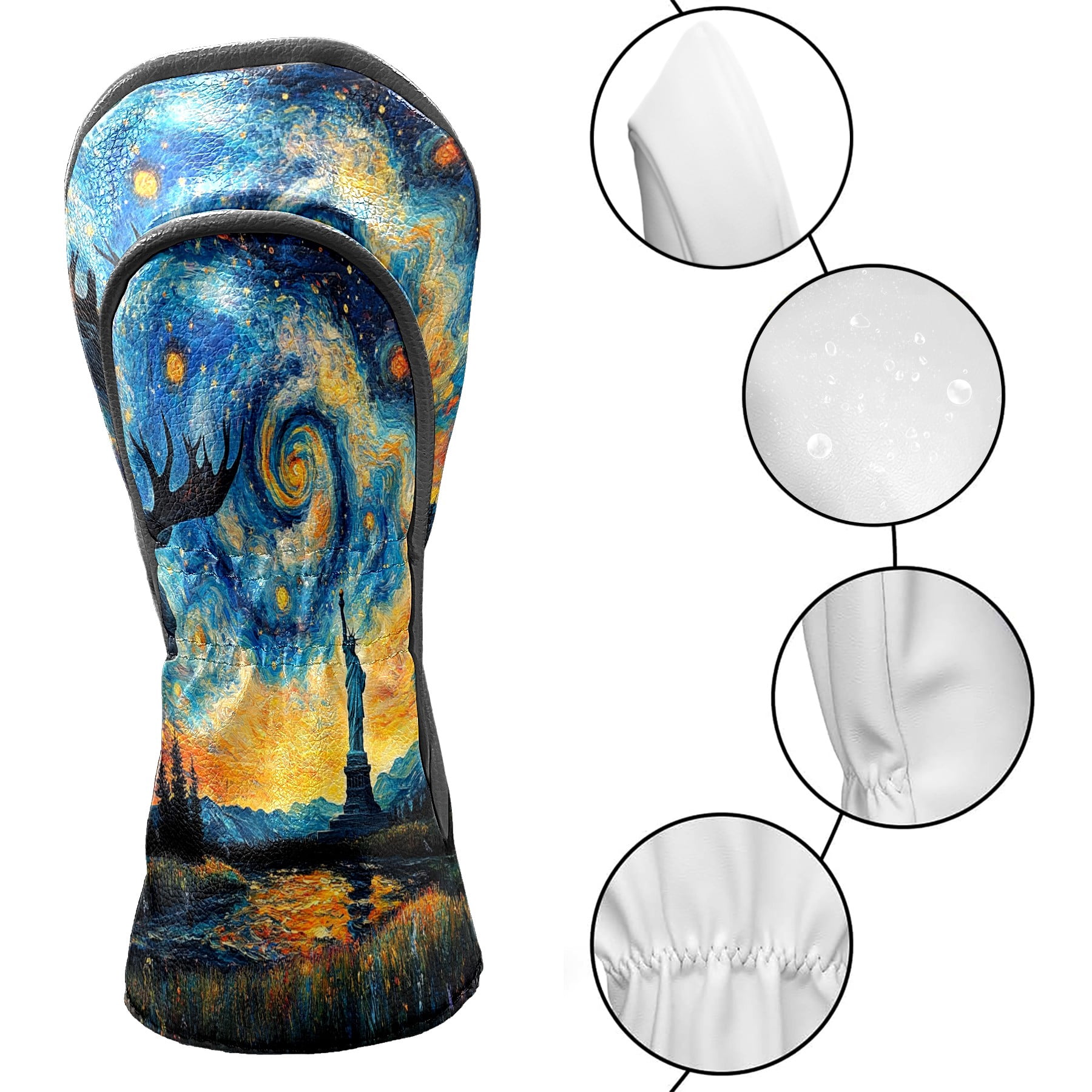 Golf Club Covers, Cyan StarrySky Premium PU Leather Driver Hybrid Putter Head Covers with Velvet Lining, Waterproof Golf Gifts for Men Women