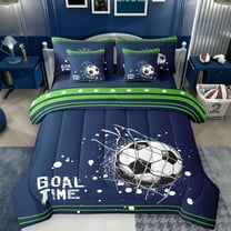 Feelyou Cartoon Football Soccer Twin Bedding Sets 7-Piece, Navy Green Stars Lines Bedding Comforter Set, Teens Kids Boys Girls Reversible Sheet Sets, Super Cozy Room Decor