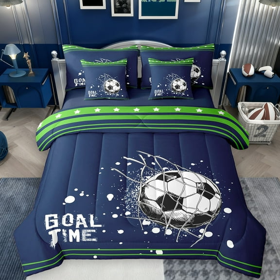 Feelyou Cartoon Football Soccer Twin Bedding Sets 7-Piece, Navy Green Stars Lines Bedding Comforter Set, Teens Kids Boys Girls Reversible Sheet Sets, Super Cozy Room Decor