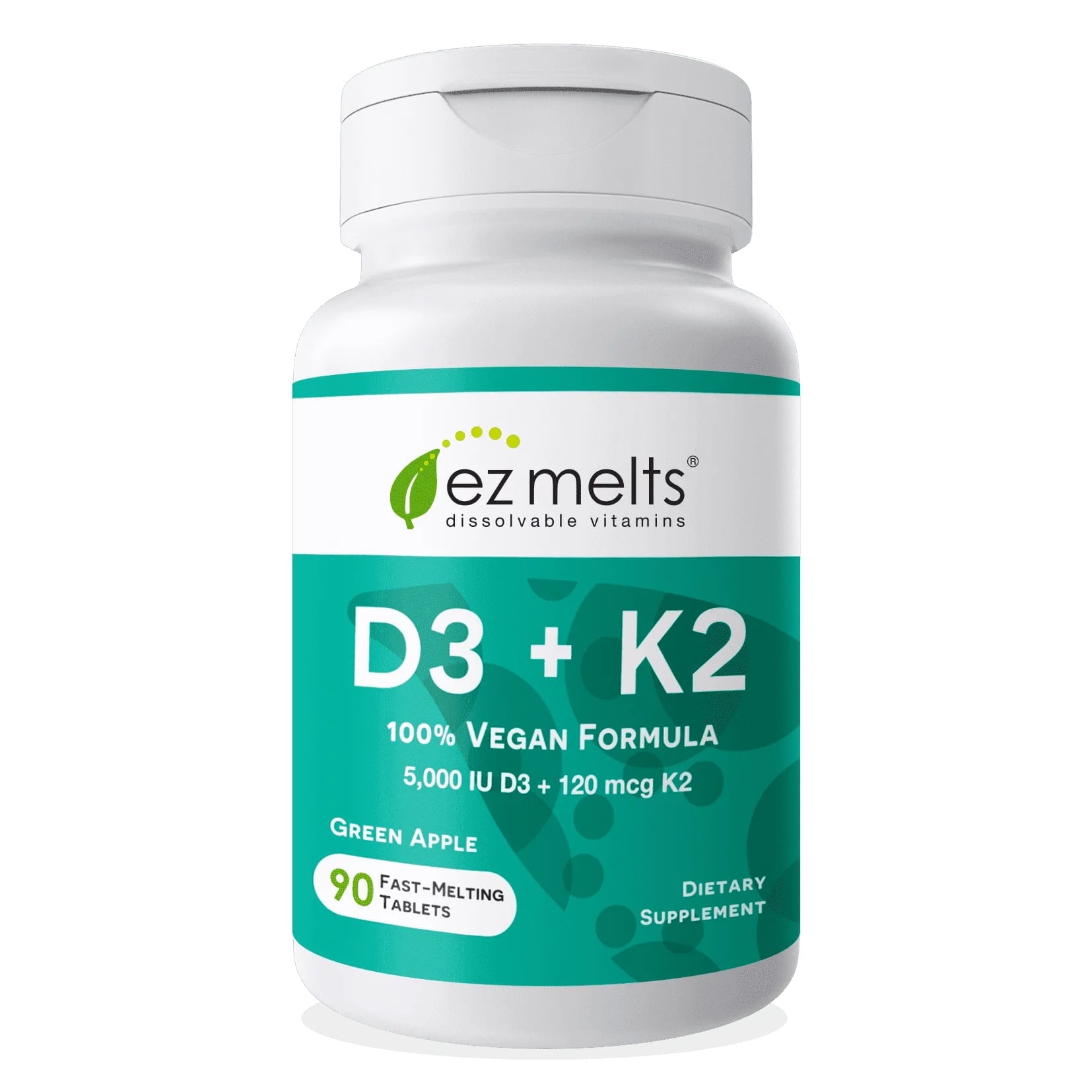 (3 pack) EZ Melts Dissolvable Vegan Vitamin D3 & K2 5,000 IU - Immune, Bone & Heart Health Support - Non-GMO - Green Apple - 90 Dissolvable Tablets