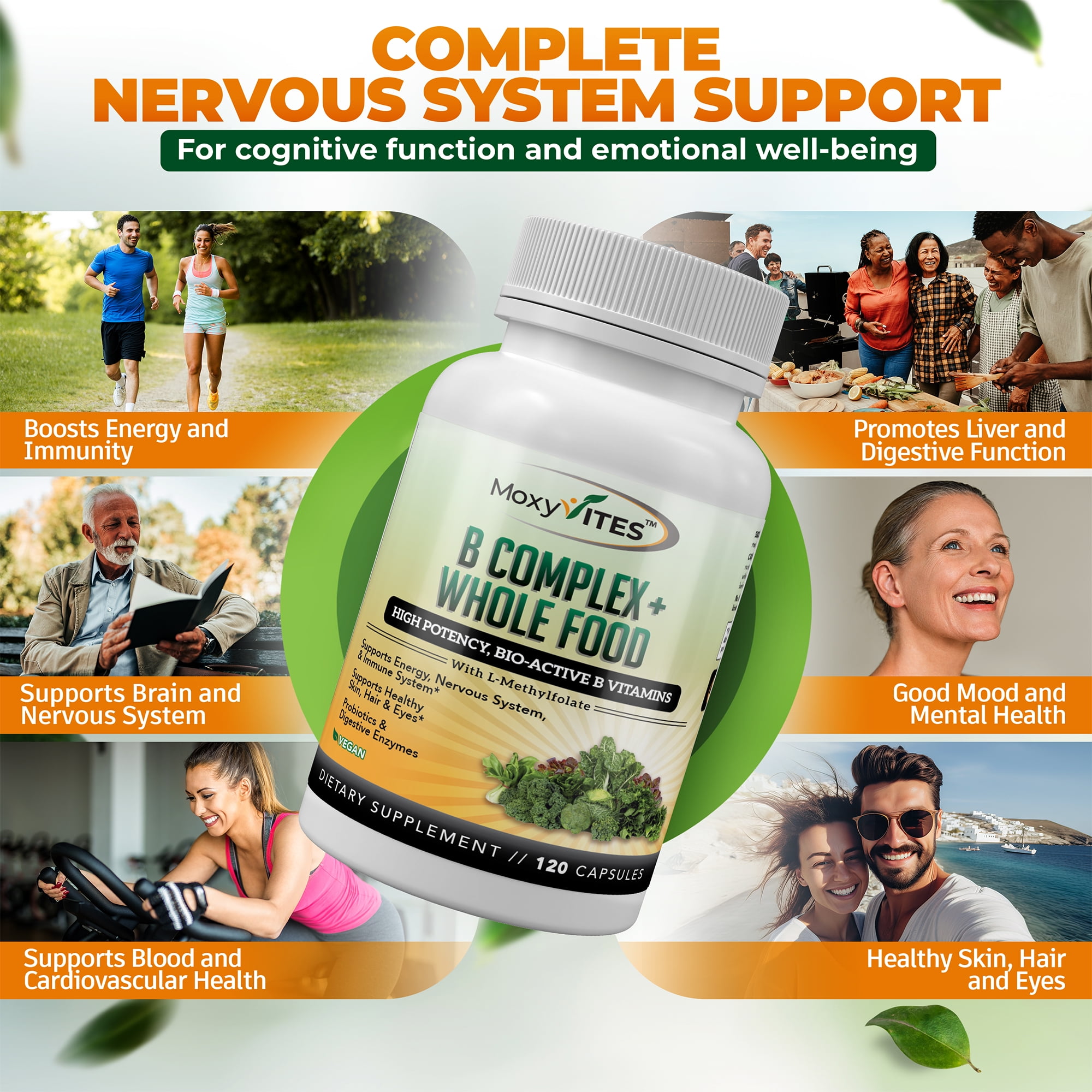 MoxyVites Methylated B-Complex with Methyl B12, P-5-P B6 and L-Methylfolate, Energy and Heart Support, Vegan, Gluten-Free, 120 Count