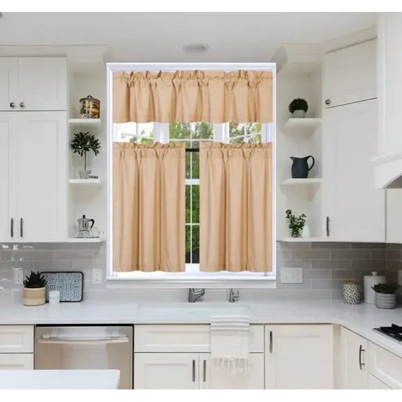 Gorgeous Home Linen 3pc Kitchen Window Curtain Set Foam Lined Rod Pocket Faux Silk 2 Tiers 1 valance Solid Color Gold