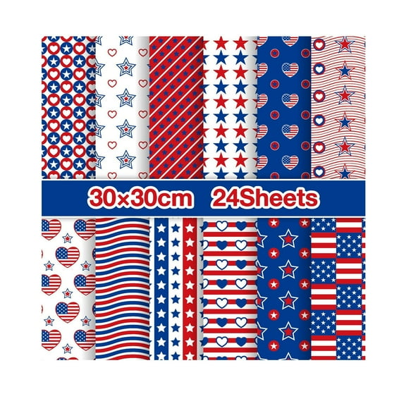 Patriotic Scrapbook Paper Pack, 24 Sheets 30x30cm, Red, White & Blue Patterns for Crafting, DIY Projects & Decoration