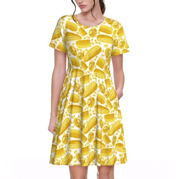 Disketp Ears Of Corn para Vestido de Manga Corta para Mujeres, Vestidos de Verano para Mujeres, Casual y Holgado para la Playa