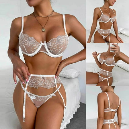 

DENGDENG Sexy Lingerie for Women with Garter Sexy Bodysuit Mesh See Through Floral Babydoll Lingerie White S