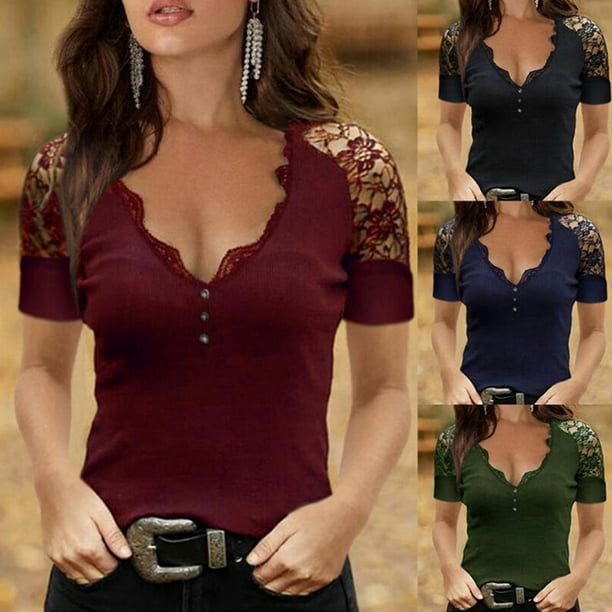 Farfi Blusa de verano Color solido con cuello en V profundo Mujer de manga de encaje Vea a traves de la camiseta para la fiesta del vino rojo Farfi Camiseta de manga