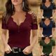 thumbnail image 1 of Farfi Blusa de verano Color sólido Cuello con cuello en V profundo Mujer de manga de encaje Vea a través de la camiseta para la fiesta azul oscuro Farfi Camiseta de manga corta, 1 of 2