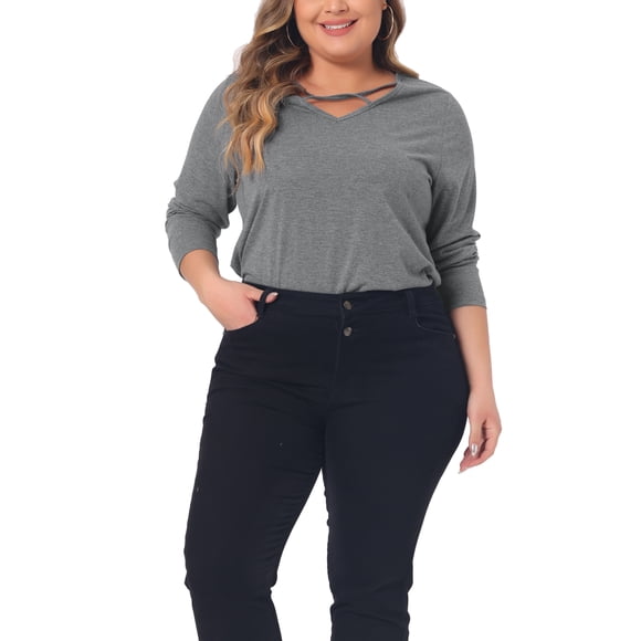 Blusas de mujer de tallas grandes Agnes Orinda, camisetas de cuello en V cruzado, casuales, de manga larga, talla 1X, gris