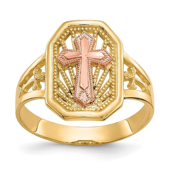 10k Two Tone Textured Polished Gold Filigree Religious Faith Cross Ring Size 6.00 - Ring for Women