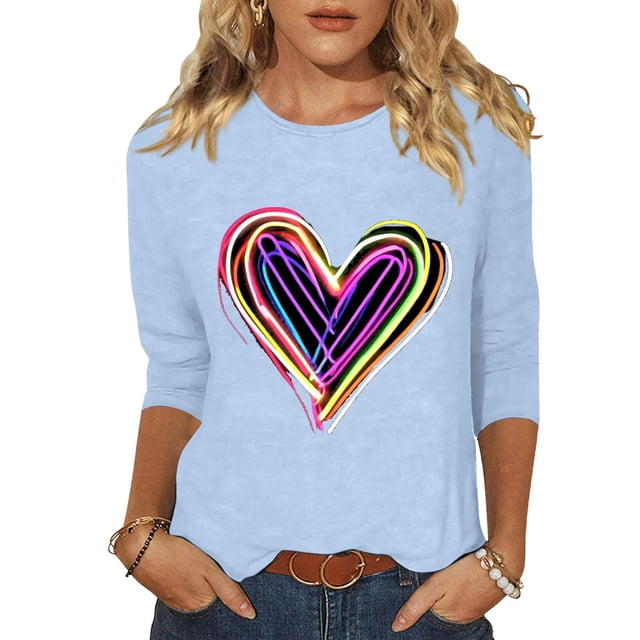 Mujeres Tres Cuartos de Manga Tops Día de San Valentín Impreso Suelto Cuello Redondo Suéter, Suelto Ajuste Tops para las Mujeres Vestir Fiesta Casual