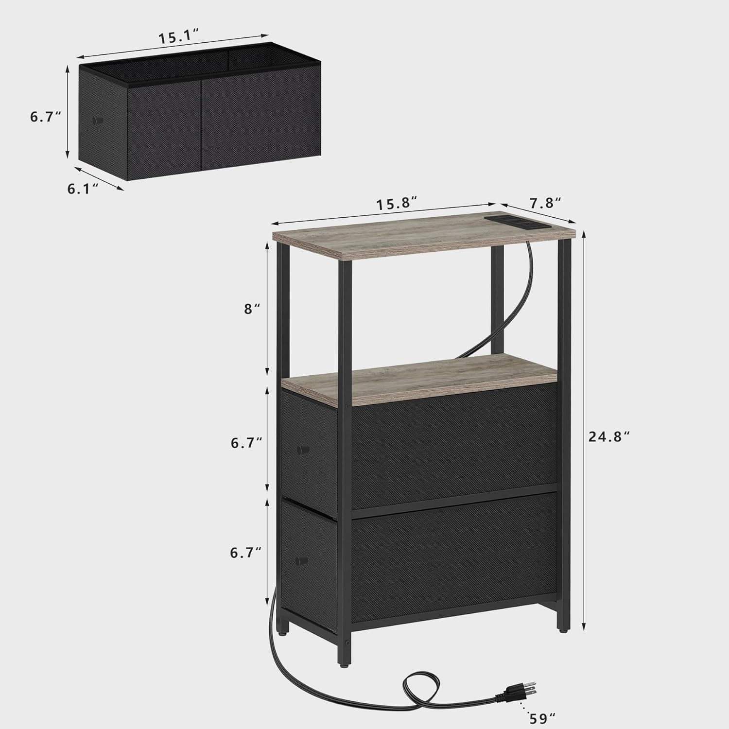 Small Narrow LED End Table with Charging Station, Side Table Outlets, Nightstand with 2 Cloth Drawers, Set of 2, Couch Table, for Living Room, Bedroom, Bedside, Greige