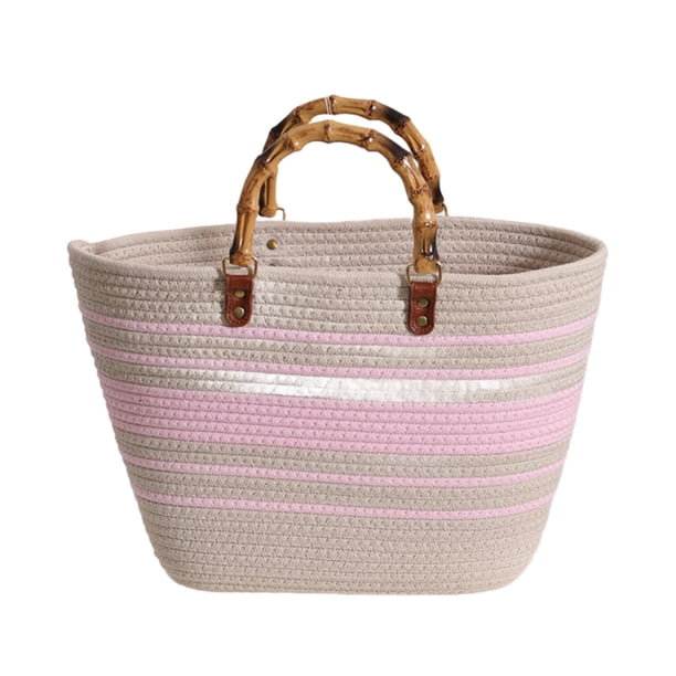 Bolso de mano tejido para mujer, bolso de playa de verano, ligero y versátil, tipo cesta beige rosa