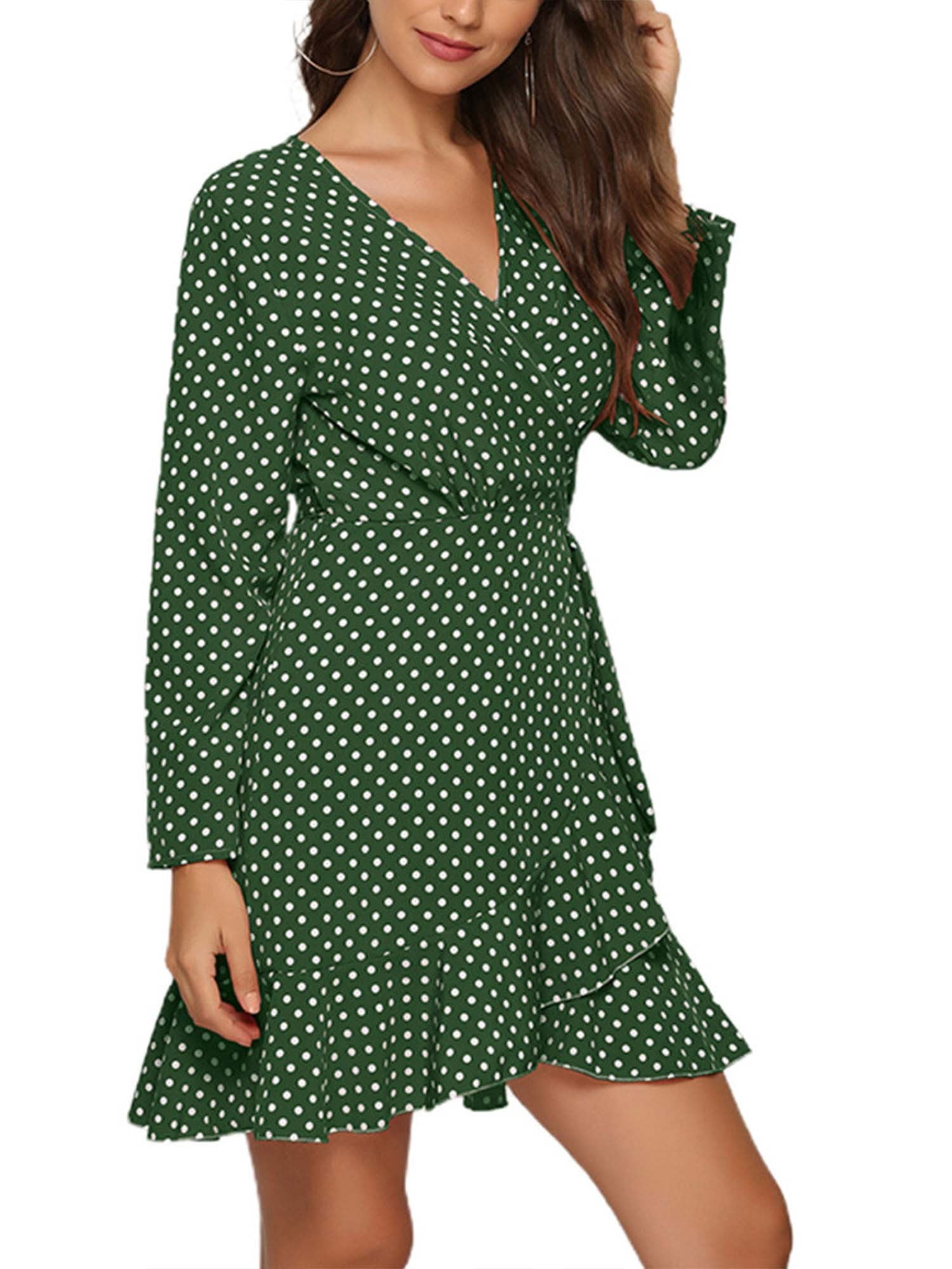 Polka Dot Long Sleeve V Neck Wrap Dress 