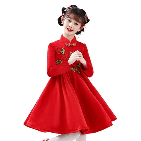 

Girls Dress Toddler Kids Baby Children Fairy Hanfu Chinese Calendar New Year Quilted Lined Warm Embroidery Tang Suit Sun Dress 8-9 Years