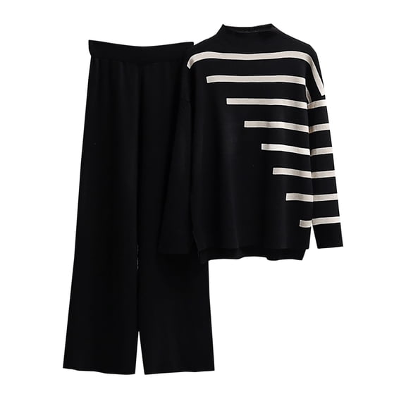 Usmixi Womens Sweater Outfits Set Knitted Sweater 2 Piece Outfits for Women Fashion Striped Print Irregular Hem Pullover Sweater High Waist Wide Leg Pant Sweater Lounge Sets