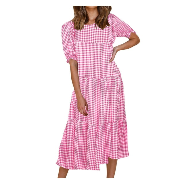 Pompotops Femmes Sexy à Manches Bubble plaid Imprimé patchwork Robe Jupe en Vrac