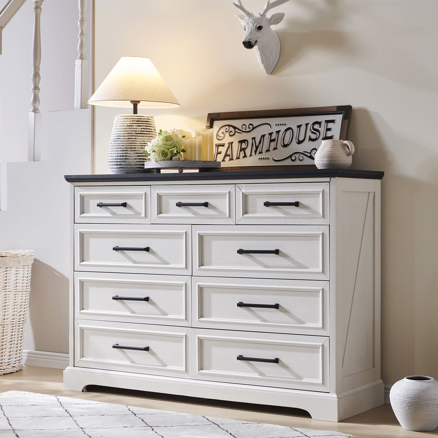 ACCOHOHO Farmhouse 9 Drawers Dresser, Rustic Wood Dresser Chest of Drawers for Bedroom，TV Stand with Large Drawers for Living Room，White