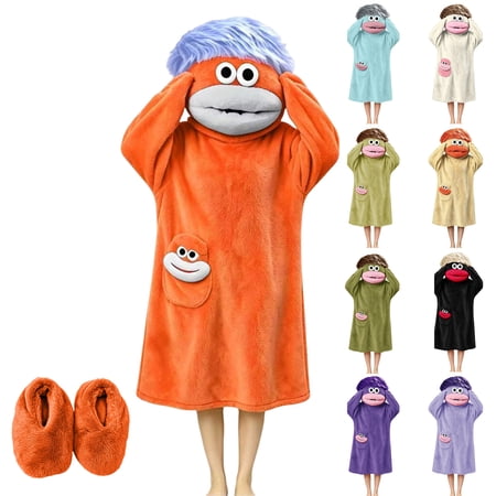 Family Matching Monster Onesie with Shoes Silly Big Mouth Monster Outfit Fleece Hooded Soft Plush Jumpsuit for Adults Ideal for Halloween Christmas Parties Light Blue 140