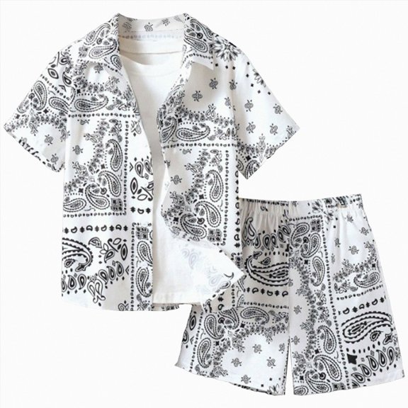 larppty Boys Summer Clothes 2 Piece Outfits Hawaiian Vacation Beach Short Sleeve Button Down Shirt & Shorts Sets (5-6 Years,White)