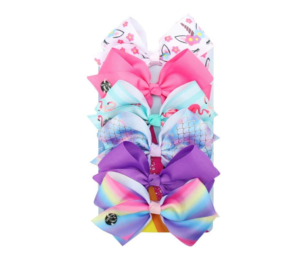 YJ Premiums Hair Bows for Girls Bundle Set of 6 Signature Collection Hair Bows with Unicorn and Rainbow Bows Clips For Little Girls and Kids