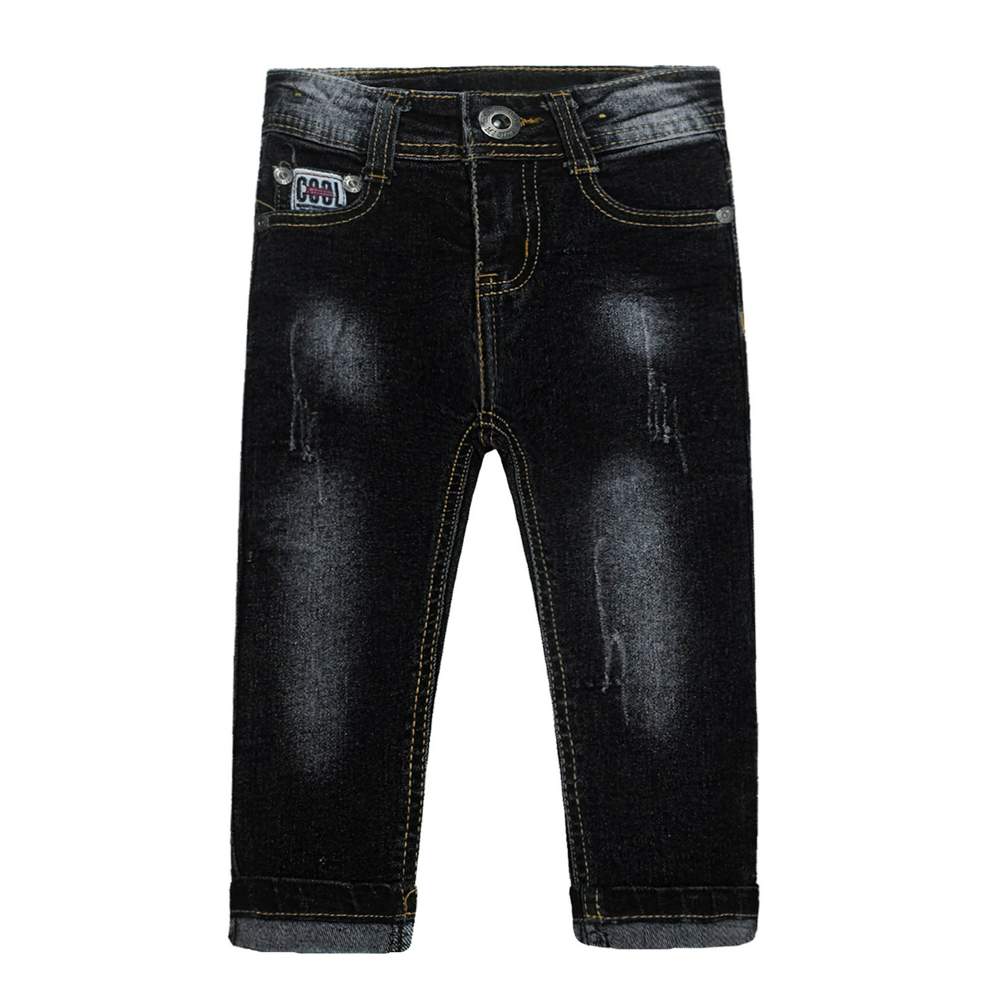 KIDSCOOL SPACE Baby Girl Boy Jeans Little Kid Elastic Band Inside Ripped Embroidered decor Denim Pants Black 4 5 Years