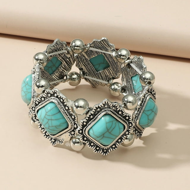 Xihbxyly Pulsera de Turquesa Bohemia con Incrustaciones Geométricas Retro Vintage y Cadena Dorada. Ideal para Uso Diario, Regalo Perfecto para Mujer, Elegante Regalo de Aniversario. Talla Única.
