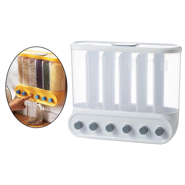 Wall-Mounted Dry Food Storage Dispenser Grains organization essentials cereal dispenser Rice Box storage box jars lid Candy Organizer 6 Grid White