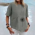 thumbnail image 2 of Chemises d'Été pour Femmes Col Rond Imprimé Coton Lin Haut Grande Taille Ourlet Irrégulier Décontracté Confortable Manches Courtes Blouse, 2 of 4