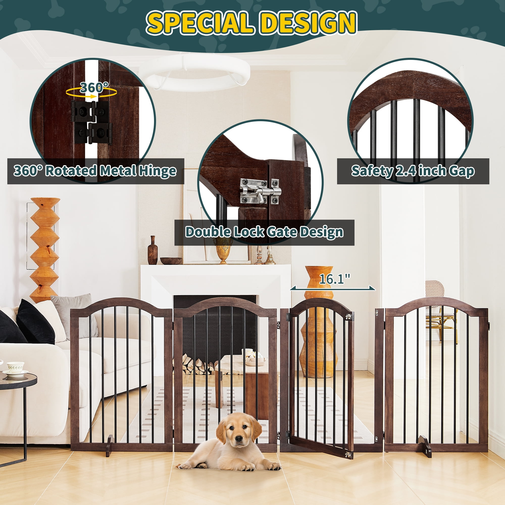 TrumanPick Free Standing Pet Gate with Door 30"H x 96"W Foldable Dog Gate 4 Panels Solid Wooden Dog Fence Indoor with Support Feet for House Doorways Stairs, Brown
