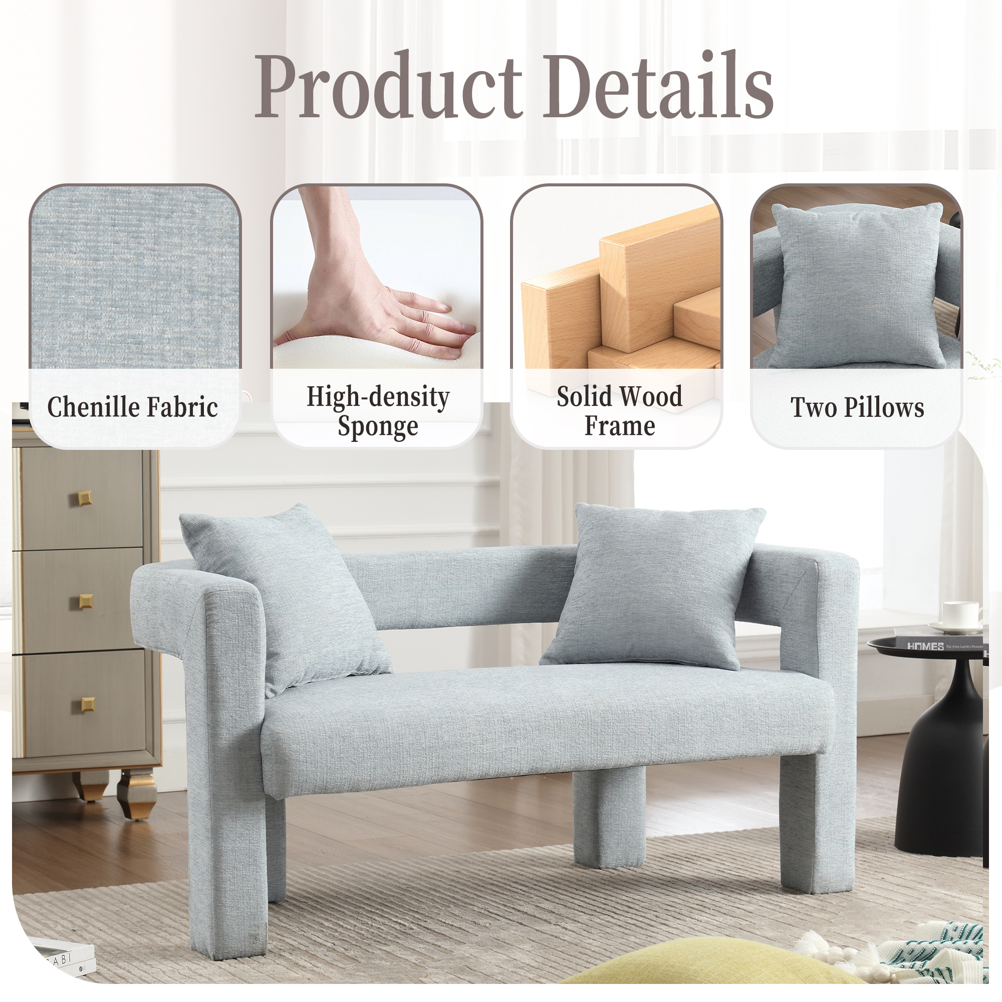 MOONMISS Chenille Upholstered Modern Comfy 2-Seater Loveseat Chair with 2 Pillows-Mint Green