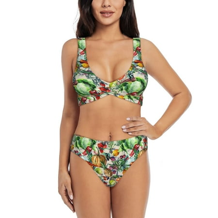 Zeuib Vegan1 High Waisted Tummy Control Bikini Set - Knot Front Push Up Top & Cheeky Thong Bottom  Two-Piece Swimsuit for Women-XX-Large