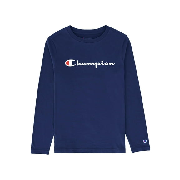 Champion Big Kids’ Long-Sleeve Script Logo T-Shirt (Athletic Navy)
