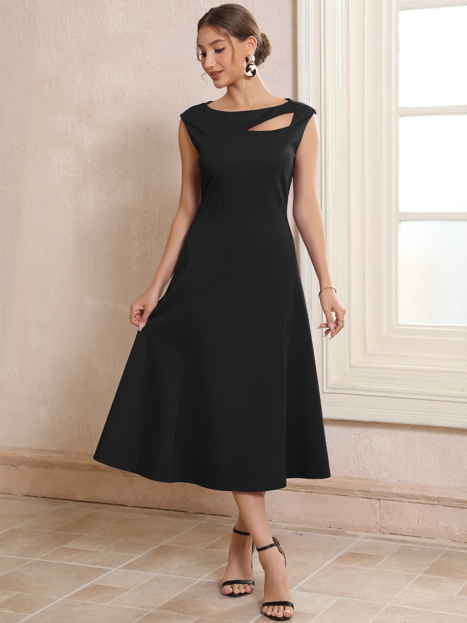 DARING DIVA Women's Keyhole Neck Cut Out Sleeveless Flared Dresses M Black