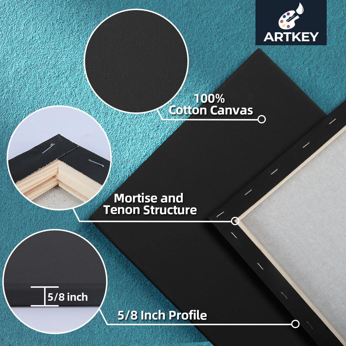 Artkey Black Canvas, 12X12" Stretched Canvases for Painting, 100% Cotton Black Canvas for Kids Adult Paint, 6-Pack