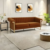 FX-P81-OR2(SOFA)Mid-Century Modern Velvet Sofa, Orange Chesterfield 3-Seater Couch with Vertical Channel Tufting, Metal Trim Arms & Legs, Living Room Upholstered Couch with Deep Seating